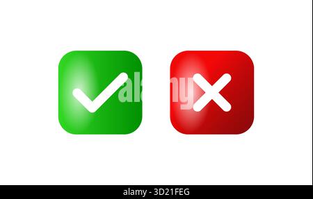 Green tick and red cross glossy button vector isolated on white perfect for approval rejection verification icons illustration or digital design Stock Vector
