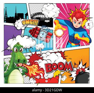 Pop art vector of superhero battling fire-breathing dragon in city with explosions and dynamic effects. Stock Vector