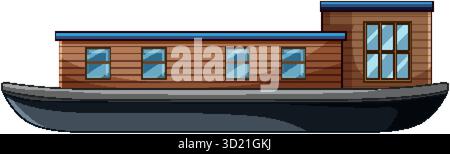 Flat vector of wooden houseboat with large windows, blue roof, clean lines, side profile Stock Vector