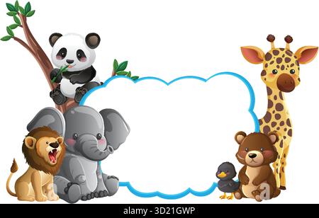 Cartoon panda, giraffe, lion, elephant, bear, and duckling surround a blue outlined blank frame Stock Vector