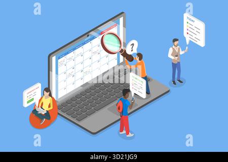 3D Isometric Flat  Illustration of Calendar Organizer App, Appointments Scheduling Stock Photo