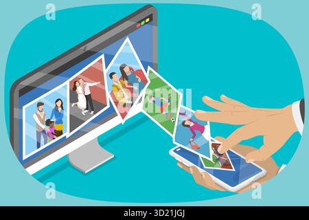 3D Isometric Flat  Illustration of Multimedia Transfer, Smartphone Streaming Photos To Computer Wirelessly Stock Photo