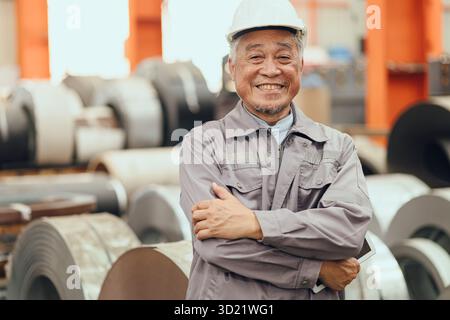 Senior Asian engineer man worker happy smiling professional working in heavy industry plant factory Stock Photo