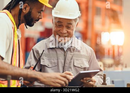 Professional healthy smiling senior engineer worker, Japanese expert engineer male happy working with young technician Stock Photo