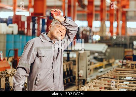 Tired stress senior worker, old man engineer hard working in heavy industry health problem from hot workplace Stock Photo