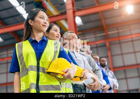 Group of team workers mix race standing together happy smiling working in heavy industry factory Stock Photo