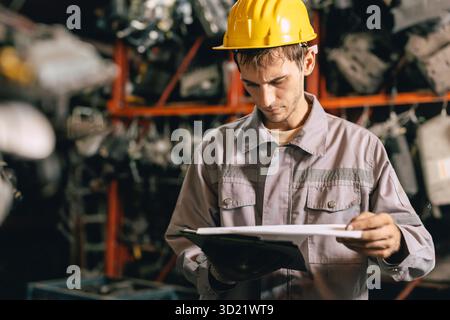 Engineer technician male worker work checking stock in old used machine part warehouse with safety hardhat. Stock Photo