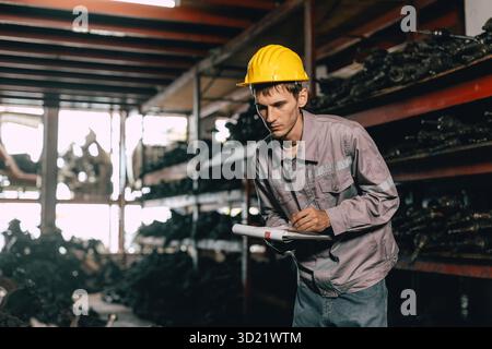 Engineer technician male worker work checking stock in old used machine part warehouse with safety hardhat. Stock Photo