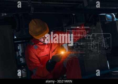 Engineer worker using modern technology digital innovation software service maintenance industry pipe infrastructure Stock Photo