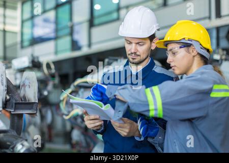 professional engineer people workers working in modern technology robotic industry automation manufacturing, robot arm assembly plant Stock Photo