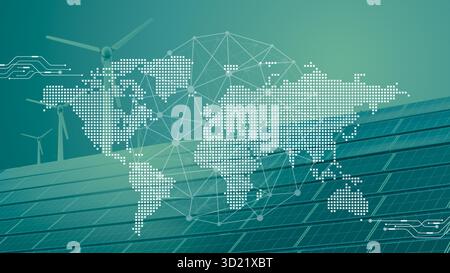 Worldwide Solar Panels, Global Wind Turbine with world map for banner background. Clean Energy. Green Energy Technology for Future. Stock Photo