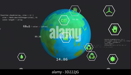 Displaying 3D globe rotating on virtual UI, featuring hex icons, climate metrics and code snippets Stock Photo
