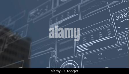 Digital interface panels displaying data views in AR environment, with line graphs numeric tables Stock Photo