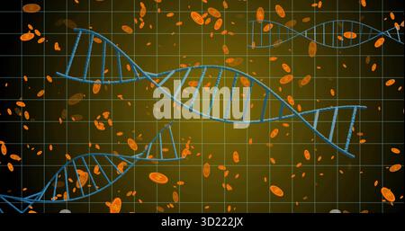Floating large blue DNA helix extending across abstract biotech interface, with orange coin tokens Stock Photo
