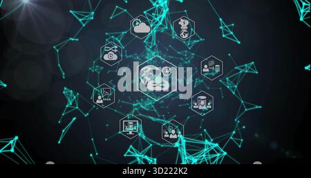 Showing central globe icon in teal network, illustrating cloud, server, analytics, finance, backup Stock Photo