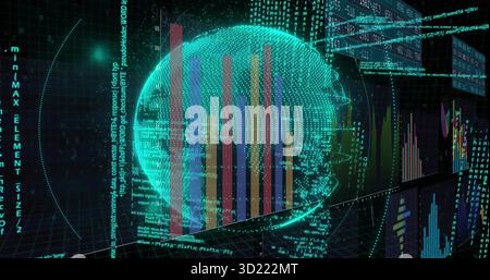 Floating 3D wireframe globe rotating in virtual grid plane, with bar charts and interface panels Stock Photo