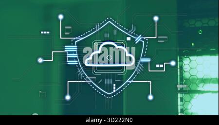 Displaying cloud icon within shield connecting lines to network nodes on green GUI, with hex grid Stock Photo