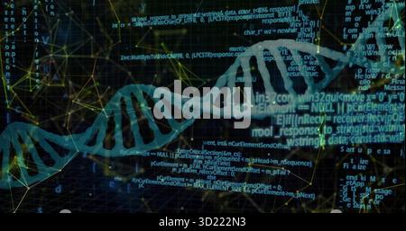 Displaying glowing DNA helix twisting through virtual code and network graph in digital interface Stock Photo