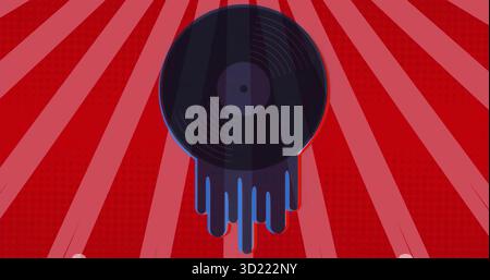 Displaying stylized black vinyl record dripping dark blue paint on red radial striped backdrop Stock Photo