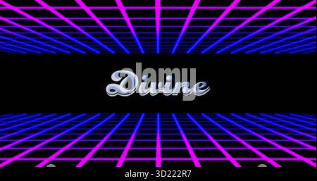 Floating metallic script word Divine hovering in virtual 3D retro grid space, with neon grid lines Stock Photo