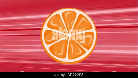 Featuring stylized orange slice floating in flat graphic design context with red streak patterns Stock Photo