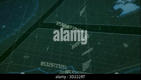 Extending green grid network across panel, with floating numbers, world map and data overlays Stock Photo