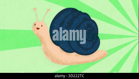 Stylized cartoon snail smiling in abstract radial green background, with dark blue spiral shell Stock Photo