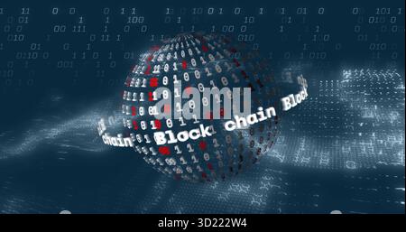 Floating 3D binary code sphere rotating above dark blue data plane, with rotating block chain ring Stock Photo