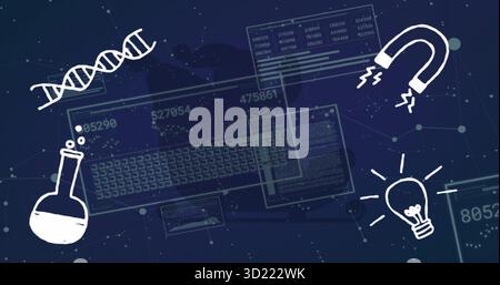 Displaying data panels floating over network grid, with DNA, flask, magnet and light bulb icons Stock Photo