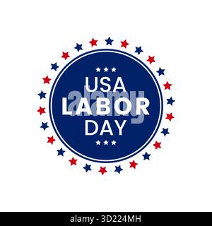 White USA Labor Day typography vector in blue circle with stars isolated on white perfect for holiday celebration illustration patriotic design Stock Vector