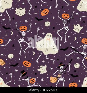 Halloween background. Dancing ghosts and skeletons with pumpkins heads. Witch bones. Night stars and moon. Repeated print. October holiday. Gothic Stock Vector