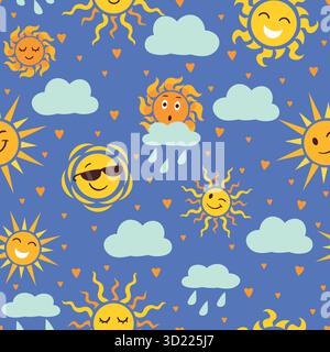 Cartoon weather icons seamless pattern. Summer sun character fun. Rainfall and sunshine. Meteorology forecast. Repeated print. Surprised of downpour Stock Vector