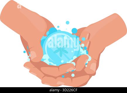 Human hands with soap bar. Personal hygiene against bacteria. Washing palms with foam and water. Antibacterial detergent. Arms antiseptic cleaning Stock Vector