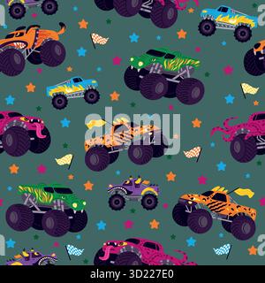 Colorful monster trucks seamless pattern. Cars participate in races. Quadbikes speed driving. Repeated print. Extreme show. Rally flags. Offroad Stock Vector