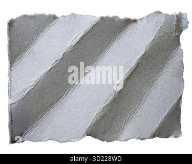 Piece of torn grey rectangular hard paper with folded diagonal lines isolated on white background with clipping path Stock Photo