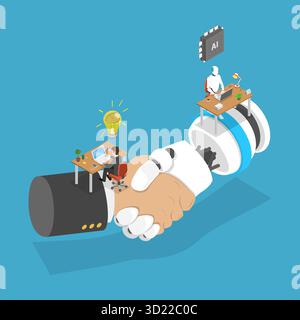 3D Isometric Flat  Illustration of Successful Human and AI Teamwork, Enhancing Work With Robot Assistance And AI Technology For Successful Results Stock Photo