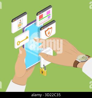 3D Isometric Flat  Illustration of Online Account Security, Biometric Authentication with Fingerprint Scanning or Facial Recognition Stock Photo