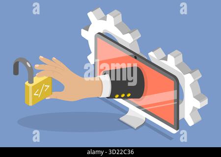 3D Isometric Flat  Illustration of Open Source Programming, Free Software Stock Photo
