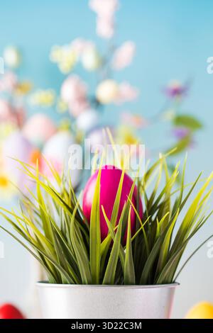 The Easter egg is hidden in the green grass on a blue background. Easter concept. Stock Photo