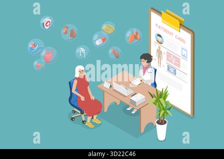 3D Isometric Flat  Illustration of Senior Health Care, Doctor Consulting a Old Patient Stock Photo