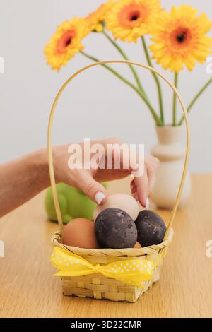 A woman takes an Easter egg from a wicker basket. Happy Easter. Stock Photo