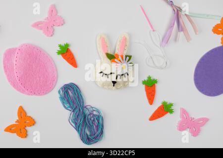 Easter bunny diy craft kit with felt and embroidery supplies. Happy Easter Stock Photo