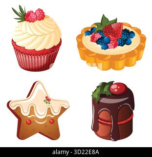 Festive Dessert Collection with Red Velvet Cupcake, Chocolate Cranberry Mini-Cake, Star-Shaped Kawaii Gingerbread Cookie and Fruit Tart Pastries Stock Vector