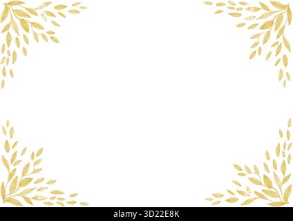 Frame. In each corner of the background there are patterns consisting of leaves of different sizes. Yellow ocher color. Drawing with colored pencils. Stock Photo