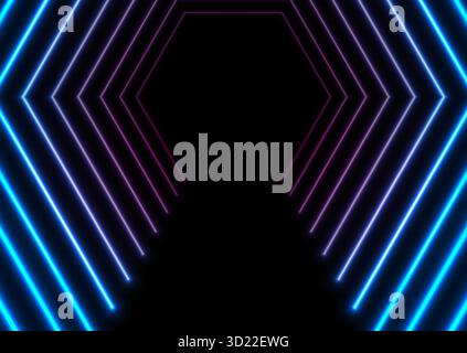 Abstract tunnel with blue purple neon laser lines technology background. Vector concept retro design Stock Vector