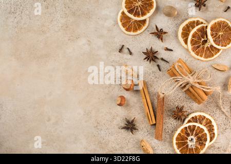Autumn background with spicy spices. The concept of baking with apples, autumn drinks. Copy space. Stock Photo