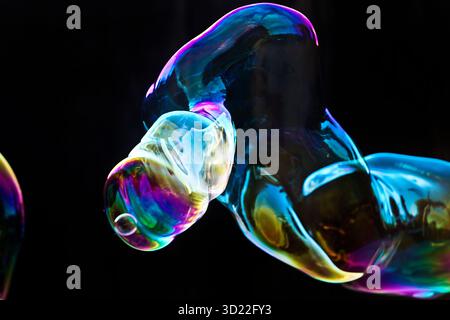 Large, dazzling soap bubble hose in the colors of the rainbow against black background, Recklinghausen, Germany, Europe Stock Photo
