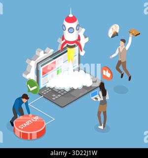 3D Isometric Flat  Illustration of StartUp, Project Launch Stock Photo