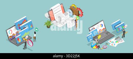3D Isometric Flat  Illustration of IT Project Management, Financial Analysis Report Stock Photo