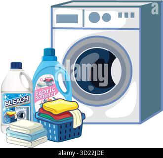 Front-loading washing machine, detergent, bleach, softener, basket, and folded towels in vector style Stock Vector